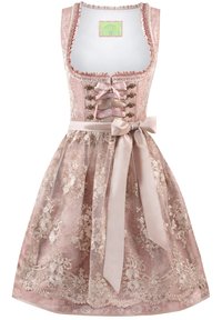 Rosa Spitzen-Dirndl mit floralem Stickdesign, einer taillierten Corsage mit schnürbarem Vorderteil und einem Satinband-Gürtel.