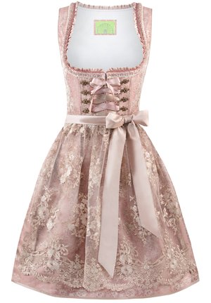 Rosa Spitzen-Dirndl mit floralem Stickdesign, einer taillierten Corsage mit schnürbarem Vorderteil und einem Satinband-Gürtel.