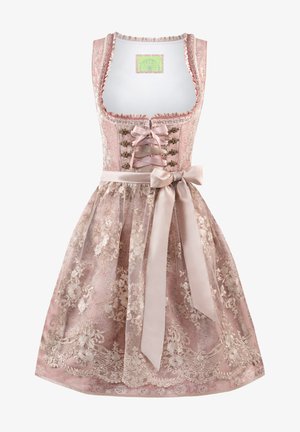 Rosa Spitzen-Dirndl mit floralem Stickdesign, einer taillierten Corsage mit schnürbarem Vorderteil und einem Satinband-Gürtel.