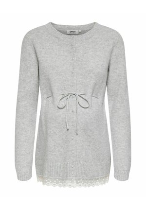 Harmaa neulottu äitiyspaita pyöreällä pääntiellä, keskellä nappikiinnitys, vyötäröllä solmimisnauha ja helmassa pitsireunus. Koristeltu pienillä helmillä.