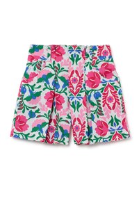 Shorts a fantasia floreale colorata con pieghe, caratterizzati da fiori rosa, verdi e blu su uno sfondo bianco. Include tasche frontali.