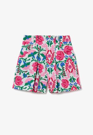 Pantalones cortos con estampado floral colorido y pliegues, que presentan flores rosas, verdes y azules sobre un fondo blanco. Incluyen bolsillos delanteros.