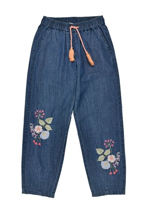 Denim blue pants with elastic waistband and pink drawstring, featuring embroidered floral designs in pink, white, and green on both legs.