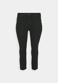 Jeans skinny negros de mezclilla, con cintura alta, dos bolsillos frontales y una textura suave. Diseño limpio sin adornos.