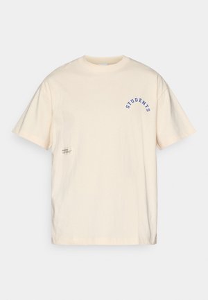 Tricou din bumbac crem, cu mâneci scurte, având textul albastru "STUDENȚI" într-un design arcuit. Include o etichetă mică pe partea de jos.