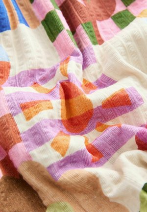 Multicolored patterned fabric with abstract shapes in pink, orange, green, and brown. Textured, lightweight, and slightly wrinkled appearance.