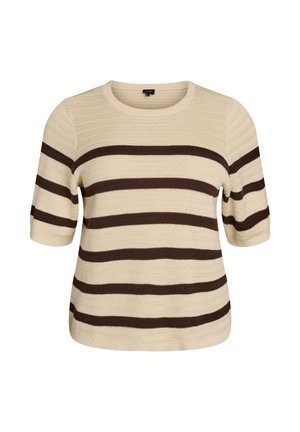 Bēša īsroku džemperis ar horizontālām brūnām svītrām. Teksturēts adījuma materiāls, apaļa kakla līnija un brīvs piegriezums. Vienkāršas aizmugures daļa.