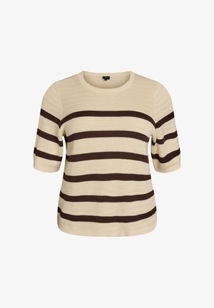 Beiger Kurzarmpullover mit horizontalen braunen Streifen. Strukturiertes Strickmaterial, Rundhalsausschnitt und lockere Passform. Schlichter Rücken.