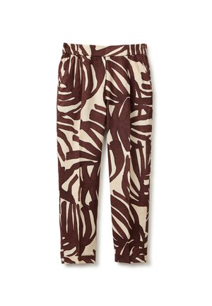 Pantalon beige avec une ceinture élastique présentant un grand motif abstrait de feuille brun foncé, coupe droite et bas repliés.