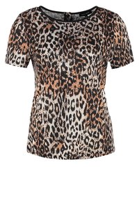 Top de manga corta con un diseño de estampado de leopardo en tonos marrón, negro y crema. Textura suave y escote redondo con un cierre en la parte posterior.