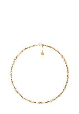 Collier en or avec une série de petits accents rectangulaires colorés. Comprend un fermoir en homard et une chaîne réglable avec une étiquette carrée.