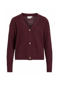 Cardigan en tricot Vila d'un profond bordeaux, avec un col en V, des boutons sur le devant, une texture côtelée et des manches amples.