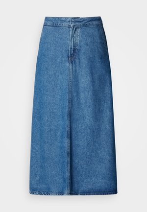 Gonna midi in denim con vestibilità rilassata, vita alta, orlo sfrangiato e colore blu solido. Design semplice senza decorazioni visibili.