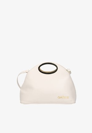 Borsa a mano color crema con una texture liscia, forma arrotondata, dettagli dorati e un manico circolare nero. Presenta un logo sul davanti.