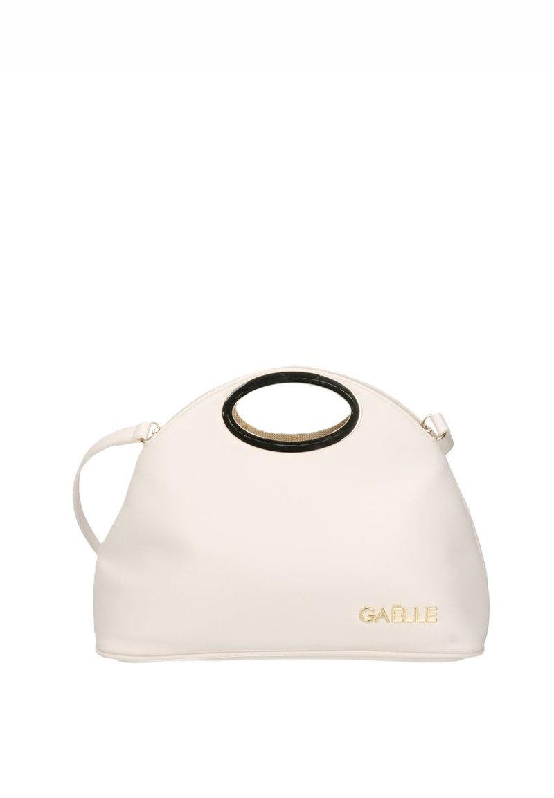 Borsa a mano color crema con una texture liscia, forma arrotondata, dettagli dorati e un manico circolare nero. Presenta un logo sul davanti.