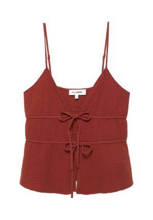 Topleć bez rukava u hrđavo crvenoj boji s teksturom, tankim naramenicama i dva prednja čvora, s V-izrezom i pristajajućim strukom.