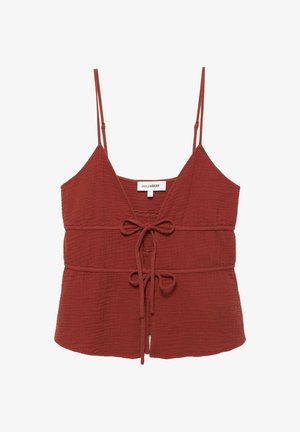 Roestrode textuurloze mouwloze top met dunne bandjes en twee strikken aan de voorkant, met een V-hals en een aansluitende taille.