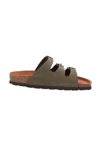 Olive green sandals with three wide straps, cork footbed, dark rubber sole, and silver hardware accents. Smooth leather texture.