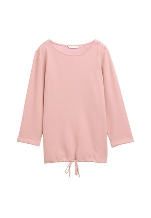 Pink long-sleeve top with a round neckline, side buttons, and a gathered drawstring hem. Textured fabric, relaxed fit.