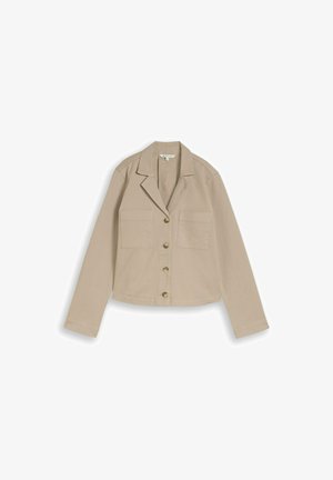 Beige button-up jacket with long sleeves, two front chest pockets, and a notched collar, laid flat on a white background.