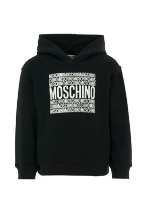 Zwarte hoodie met een groot wit MOSCHINO-logo dat herhaaldelijk op de voorkant is gedrukt. Gemaakt van een zachte stof met een comfortabele pasvorm en capuchon.
