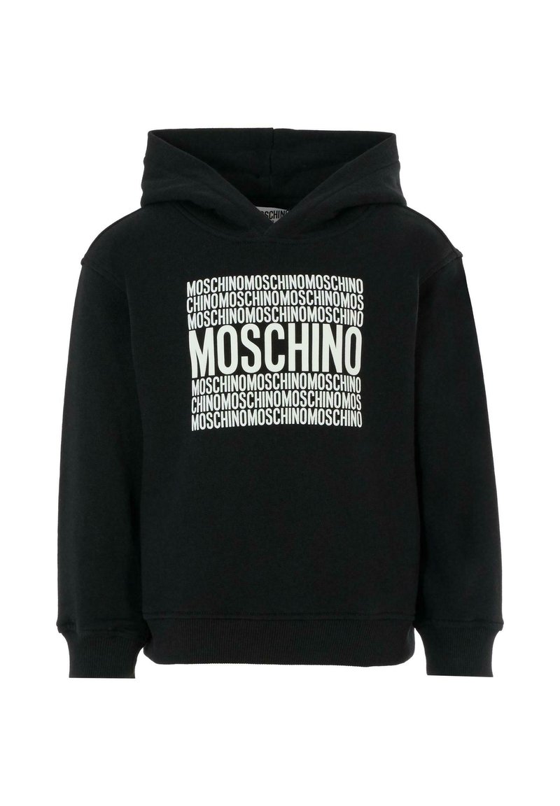 Felpa nera con cappuccio caratterizzata da un grande logo bianco MOSCHINO stampato ripetutamente sul davanti. Realizzata in un tessuto morbido con una vestibilità comoda e cappuccio.