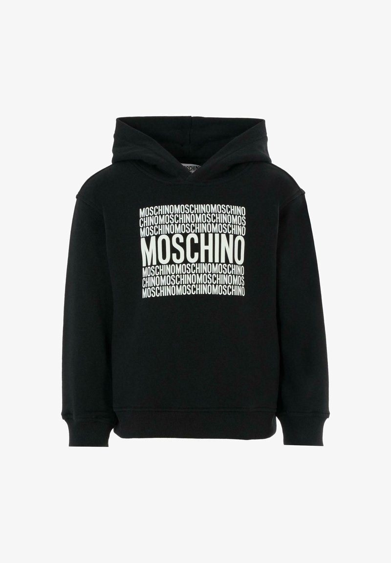 Hoodie noir avec un grand logo blanc MOSCHINO imprimé de manière répétée sur le devant. Fabriqué dans un tissu doux avec une coupe décontractée et une capuche.