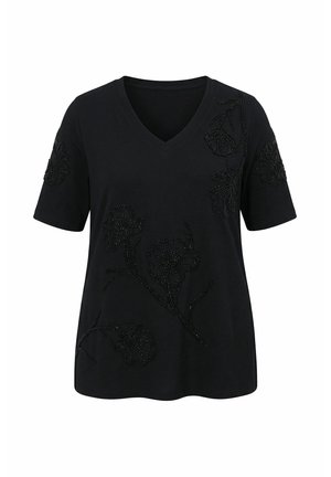 Ulla Popken, BEADED FLOWER SHORT SLEEVE TEE - Triko s potiskem - black