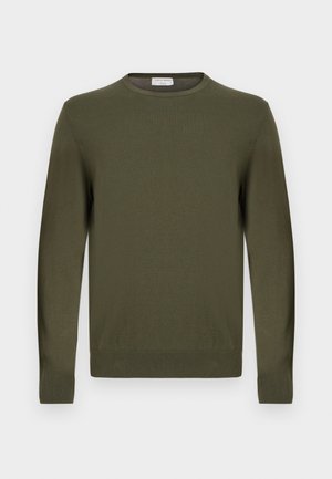 Oliivinvihreä pyöreäkauluksinen neulepaita, jossa on pitkät hihat sekä resorit hihansuissa ja helmassa, esitetty valkoisella taustalla.