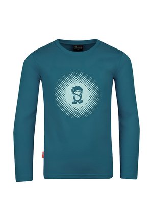 Blue long-sleeve shirt with a circular halftone pattern in the center featuring a stylized one-eyed monster graphic.