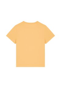 T-shirt met korte mouwen en ronde hals in felgeel katoen. Gladde textuur, effen kleur, geen patronen of versieringen, minimalistisch ontwerp.