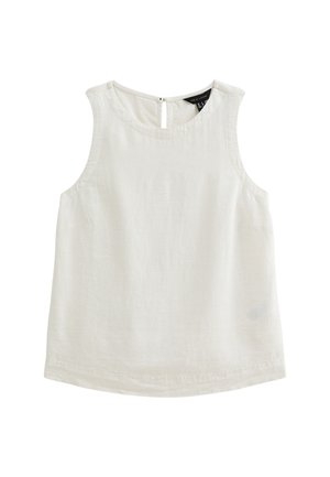 Top sans manches en lin écru avec un col rond et une fermeture au dos en forme de clé. Texture lisse et ourlet incurvé.