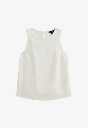 Mouwloze, off-white linnen top met een ronde halslijn en een sleutelgat sluiting aan de achterkant. Effen textuur en een gebogen zoom.