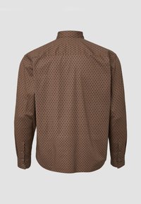Long-sleeve shirt in brown fabric with small black geometric patterns, featuring a buttoned cuff and classic collar design.