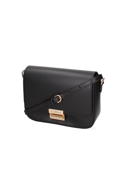 Borsa a tracolla in pelle nera con dettagli in oro, forma rettangolare, chiusura a pattina e tracolla regolabile. Texture liscia e design minimal.