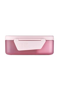 Pink plastic storage container with a smooth finish, white lid, and latch. Text “IT'S UP TO YOU” embossed on the side.