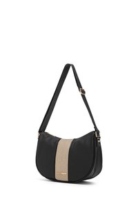 Borsa a tracolla nera con una striscia verticale beige al centro, logo dorato "Laura Biagiotti", tracolla regolabile e cerniera dorata sulla parte superiore.