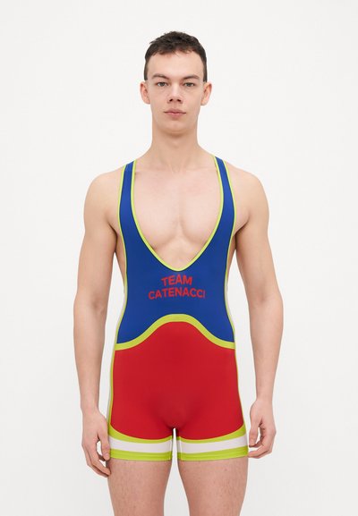 Wrestling singlet featuring a blue upper body, red shorts, and yellow accents. Displays "TEAM CATENACCI" on the chest in red text. Smooth texture.