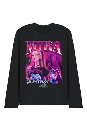 Black long-sleeve shirt featuring animated female character "Mira" in pink and purple tones with "HUNTR X" and "K-pop Demon Hunters" text.