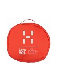 Borsa di stoccaggio rossa e rotonda con un logo bianco e il testo "Lava 50L" sul davanti. Include una maniglia e le dimensioni stampate sotto. Materiale resistente all'acqua.