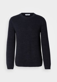 Navy blue wool sweater with a crew neck, ribbed cuffs, and hem. Smooth texture with no visible patterns or accents. Simple, classic design.