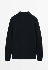 Navy blue sweater with a collar, long sleeves, and a textured knit fabric. Seamless shoulders and a straight hem at the waist.