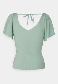 Miętowy prążkowany top z głębokim dekoltem w kształcie litery V, bufiastymi rękawami i ozdobnym wiązaniem z tyłu. Dopasowany krój podkreśla talię. Miękka tekstura.