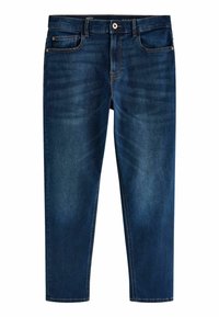 Jeans de color azul oscuro hechos de denim. Presentan cinco bolsillos, un cierre de cremallera y botón, y un ligero desgastado en la parte delantera para mayor textura.
