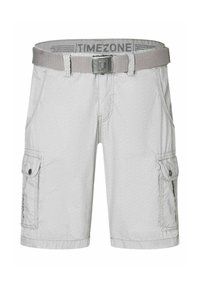 Light gray cargo shorts with a textured pattern, side pockets, and a matching belt featuring a metallic buckle.