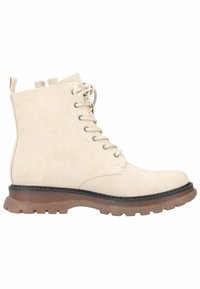 Botte chelsea beige àlacets avec une semelle épaisse en caoutchouc marron et une languette à l'arrière, vue de côté sur fond blanc.