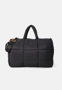 Black quilted duffle bag with padded handles, adjustable shoulder strap, and gold "Twinset" logo plaque on front.