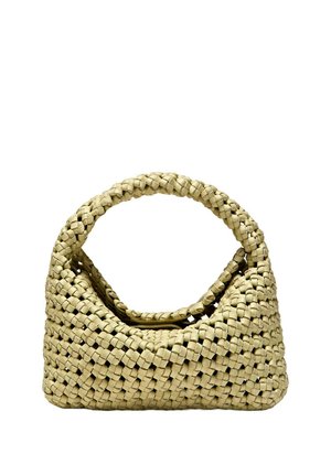 Beige gewebte Handtasche mit rundem Griff und rechteckiger Basis, mit offenem Oberteil und strukturiertem geflochtenem Muster.