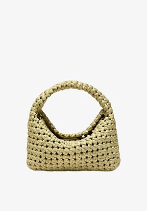 Beige gewebte Handtasche mit rundem Griff und rechteckiger Basis, mit offenem Oberteil und strukturiertem geflochtenem Muster.