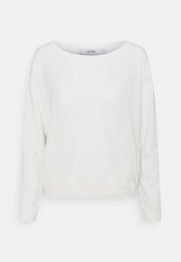 Maglione bianco a maniche lunghe con scollo a barca, texture morbida, polsini a costine e vestibilità rilassata. Design semplice, adatto per un look casual.